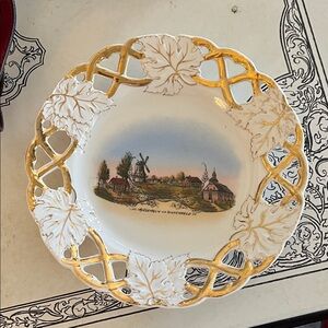 Vintage Gold and White Scenic Plate German Church and Windmill